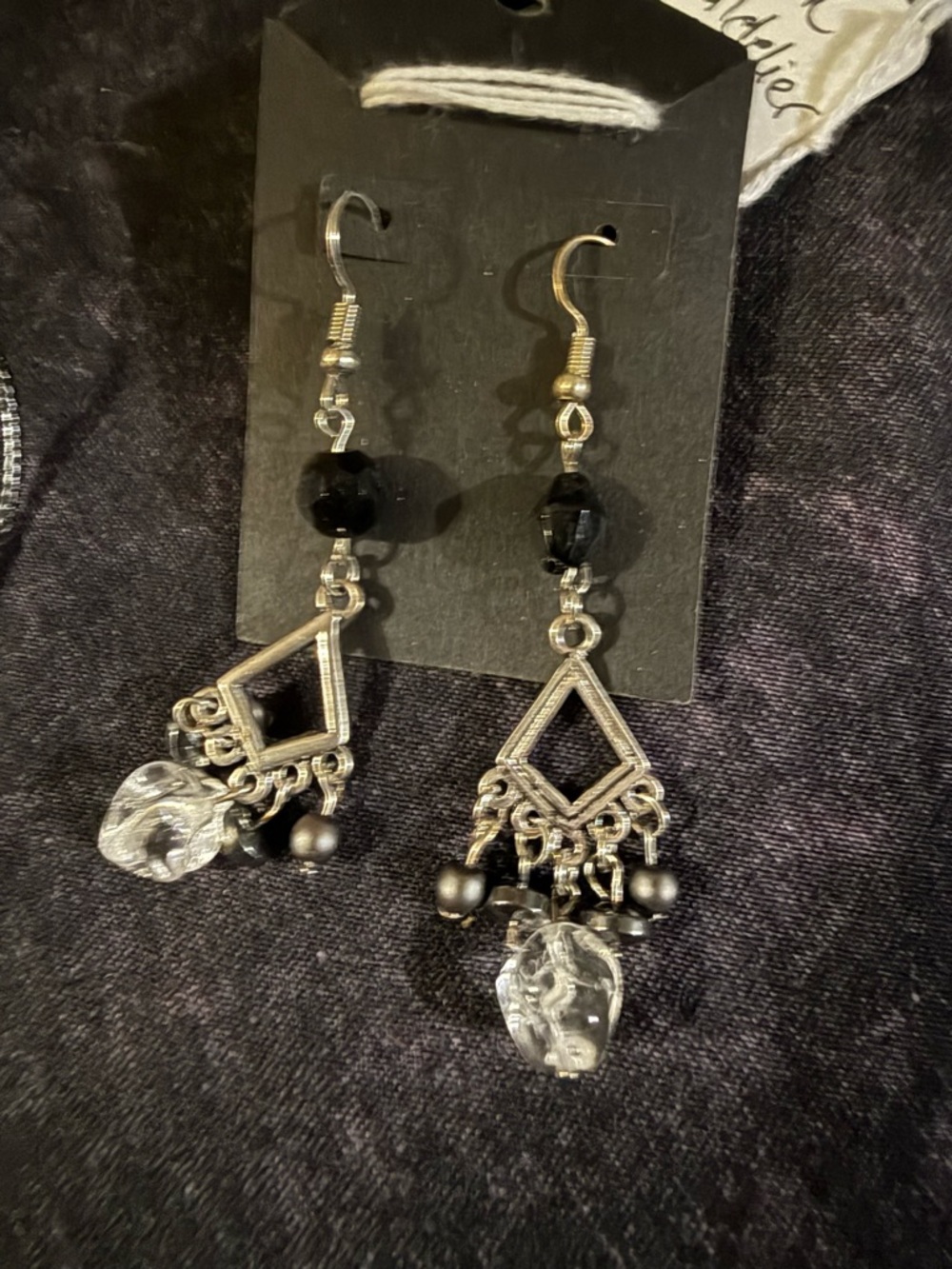 Silver-Tone Black Bead Dangle Earrings with Clear Accents